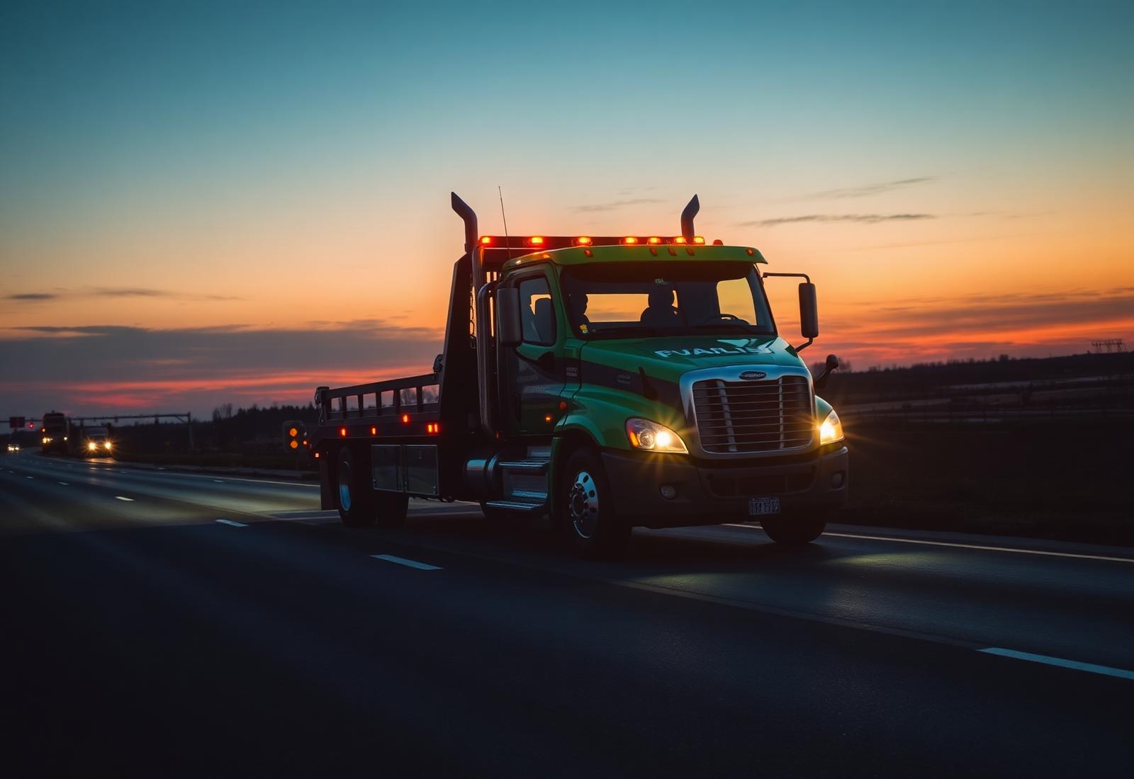 Green and black flatbed tow truck on the highway at dusk